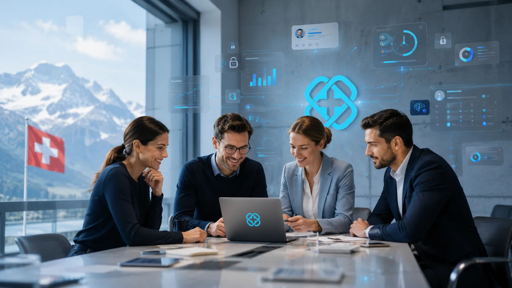 Professionelles Schweizer Team arbeitet mit Officia Plattform